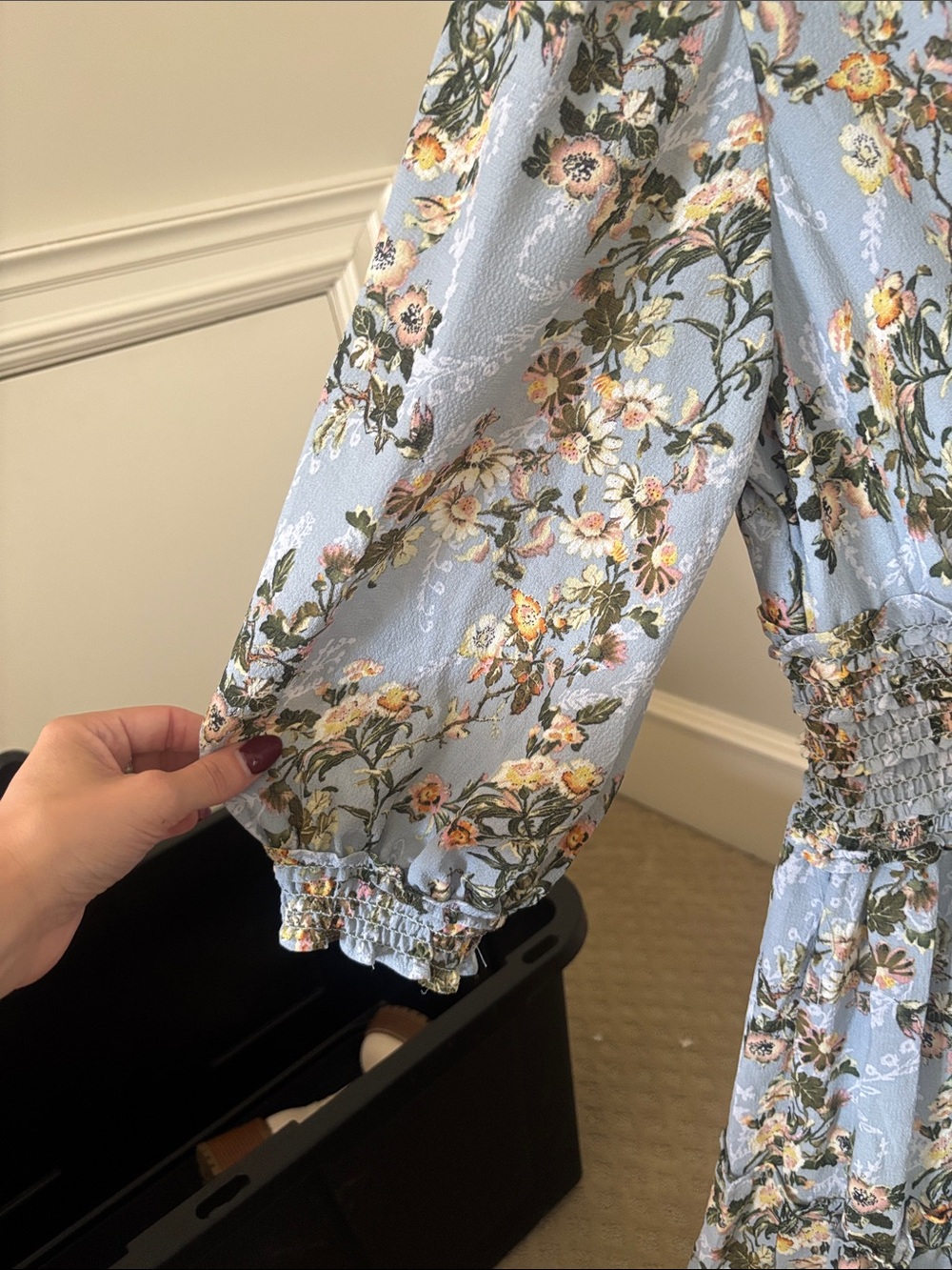 Light Blue Floral Maxi Dress with Smocked Waist - Picture 3 of 6